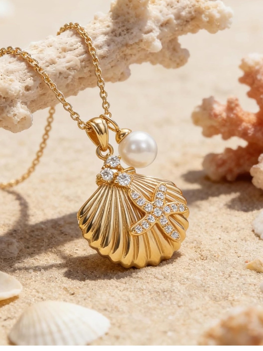 Anthropologie Gold Shell Pendant Necklace with Pearl & Crystal Starfish - Picture 5 of 6